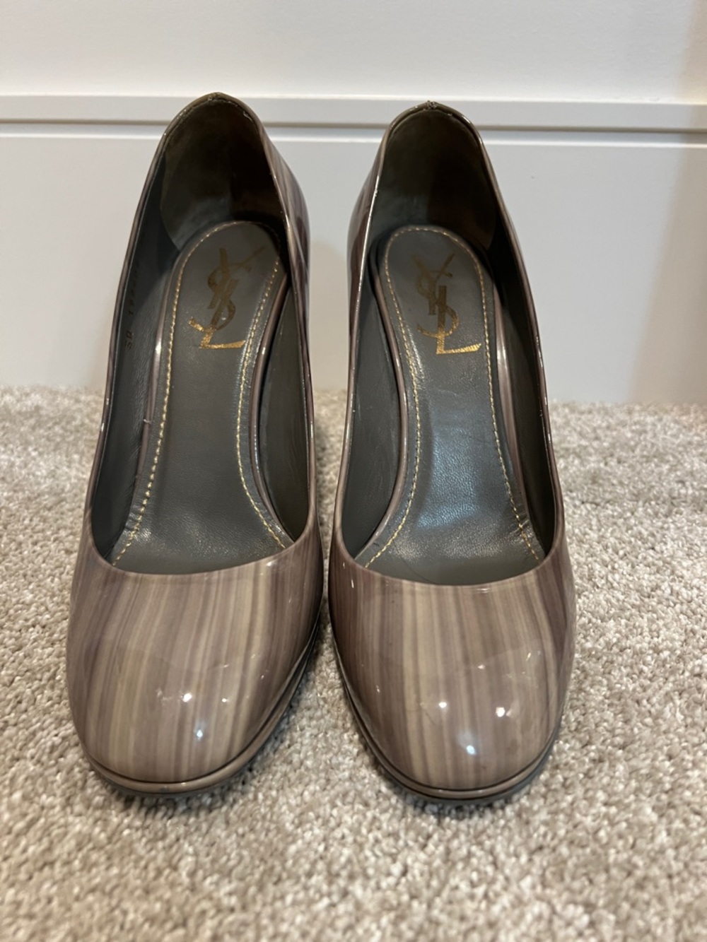 Yves Saint Laurent Taupe-Striped Patent Round-Toe Pumps